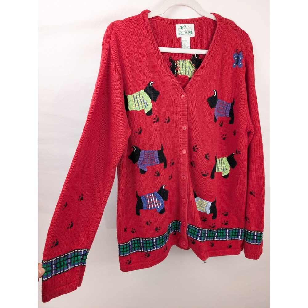 Quaker Factory Scottie Dog Plaid Cardigan Sweater Size L Red Novelty Cottagecore